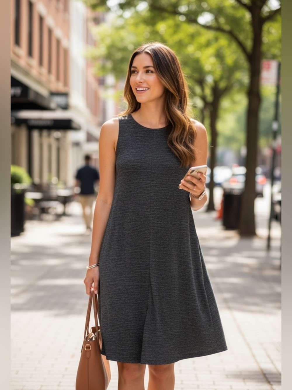 MONK & LOU Heathered Grey Sleeveless Stretch Crew Neck Knee Length Dress M